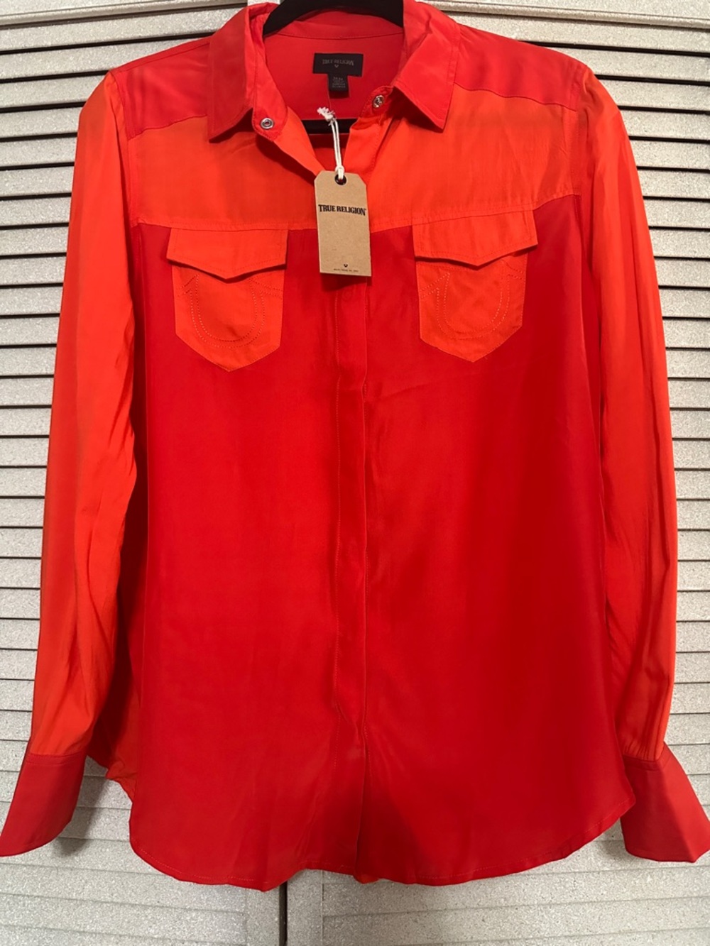 $168 Silk Sunset Blouse Western True Religion Women Shirts Red Orange Medium